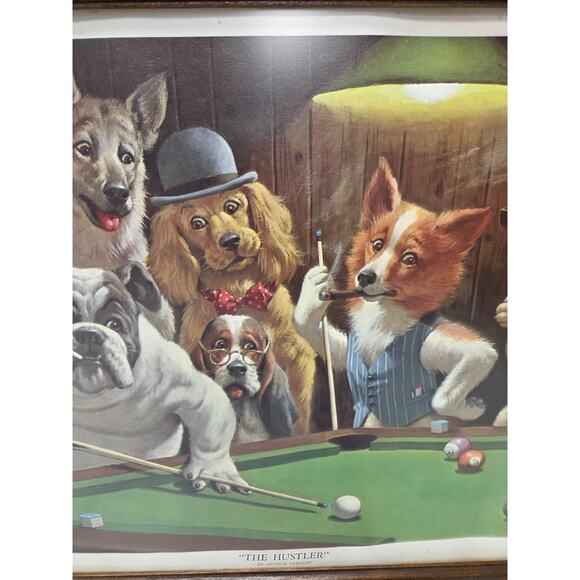 Arthur Sarnoff - The Hustler, Dogs Playing Pool 1960s Solid Wood Framed/Glass - Picture 3 of 6
